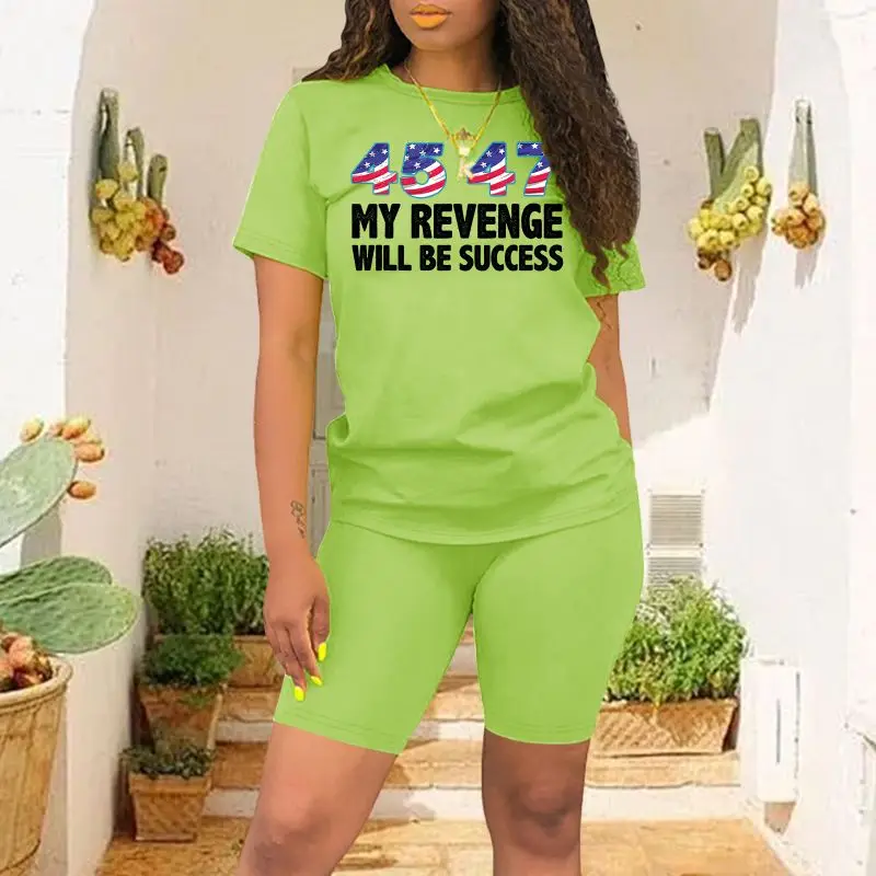 Women's Summer 45 47 Trump 2024 American Print Loose Casual Round Neck Short Sleeved T-shirt Shorts Two-piece Set