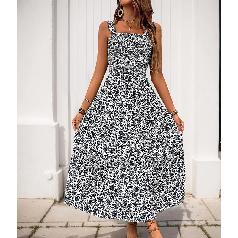 Abito lungo senza maniche estivo da donna sexy Boho Elegante scollo quadrato con stampa floreale Vestito estivo da spiaggia Abiti maxi senza schienale della Boemia