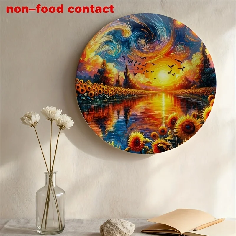 1pc Sunflower Ceramic Wall Plate - Contemporary Round Decorative Plate with Sunflower & 