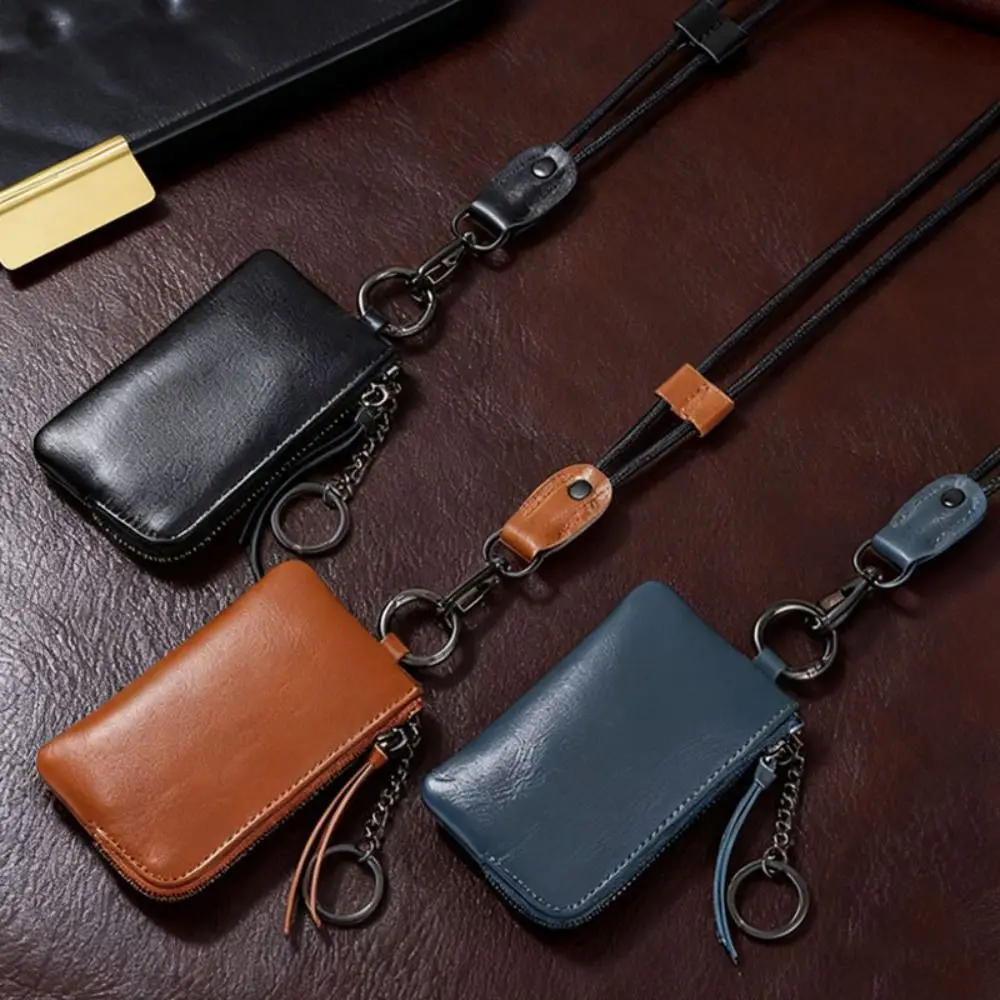 Multi Purpose PU Hanging Neck Wallets Soft Retro Mini Coin Purse with Keychain Lanyard Exquisite Key Holder Purse Gift