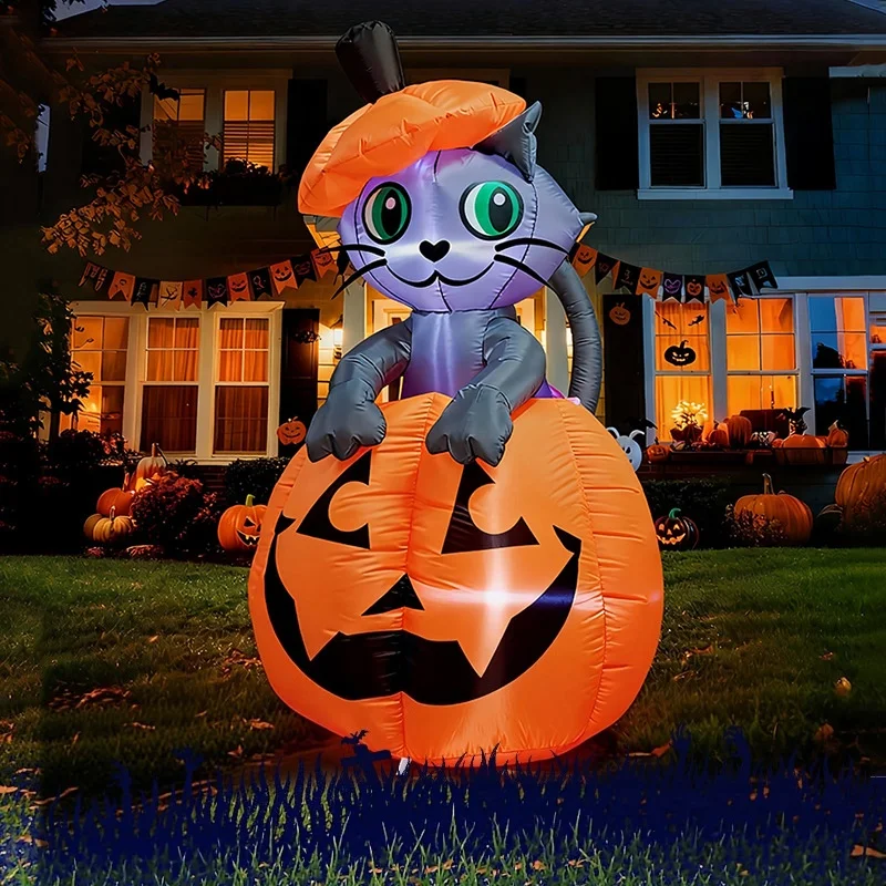 1.5M Halloween Inflatable Cat Peeks Out of Pumpkin Bucket Outdoor Decoration LED Lights for Yard Garden Props Halloween Party