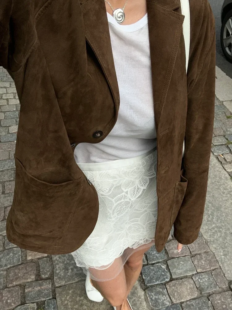 Elegant Fashion Suede Leather Blazer Woman's Casual Lapel Single Breasted Long Sleeve Jacket 2024 New Autumn High Street Outwear