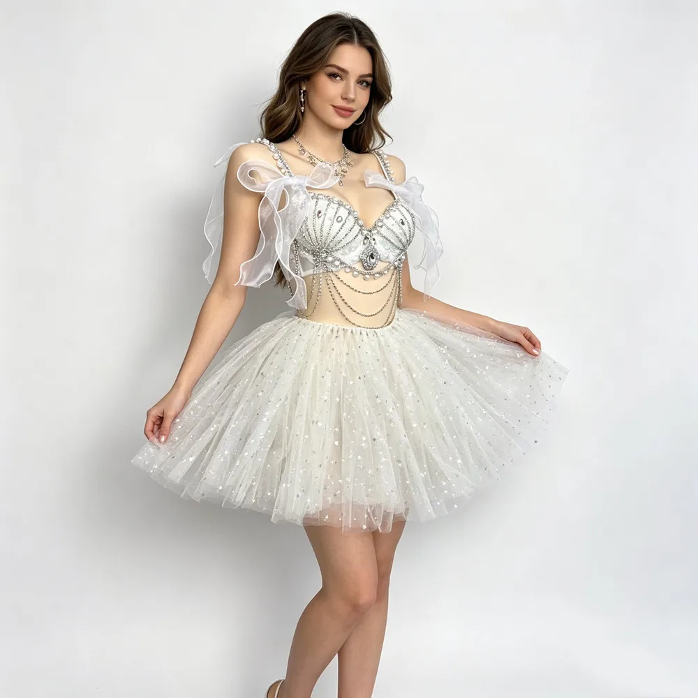 Mini-jupe en gaze scintillante ornée de cristaux et de perles, tenue pour festival de musique, bar, discothèque, rave, soirée, costume de danse, vêtement de scène sexy