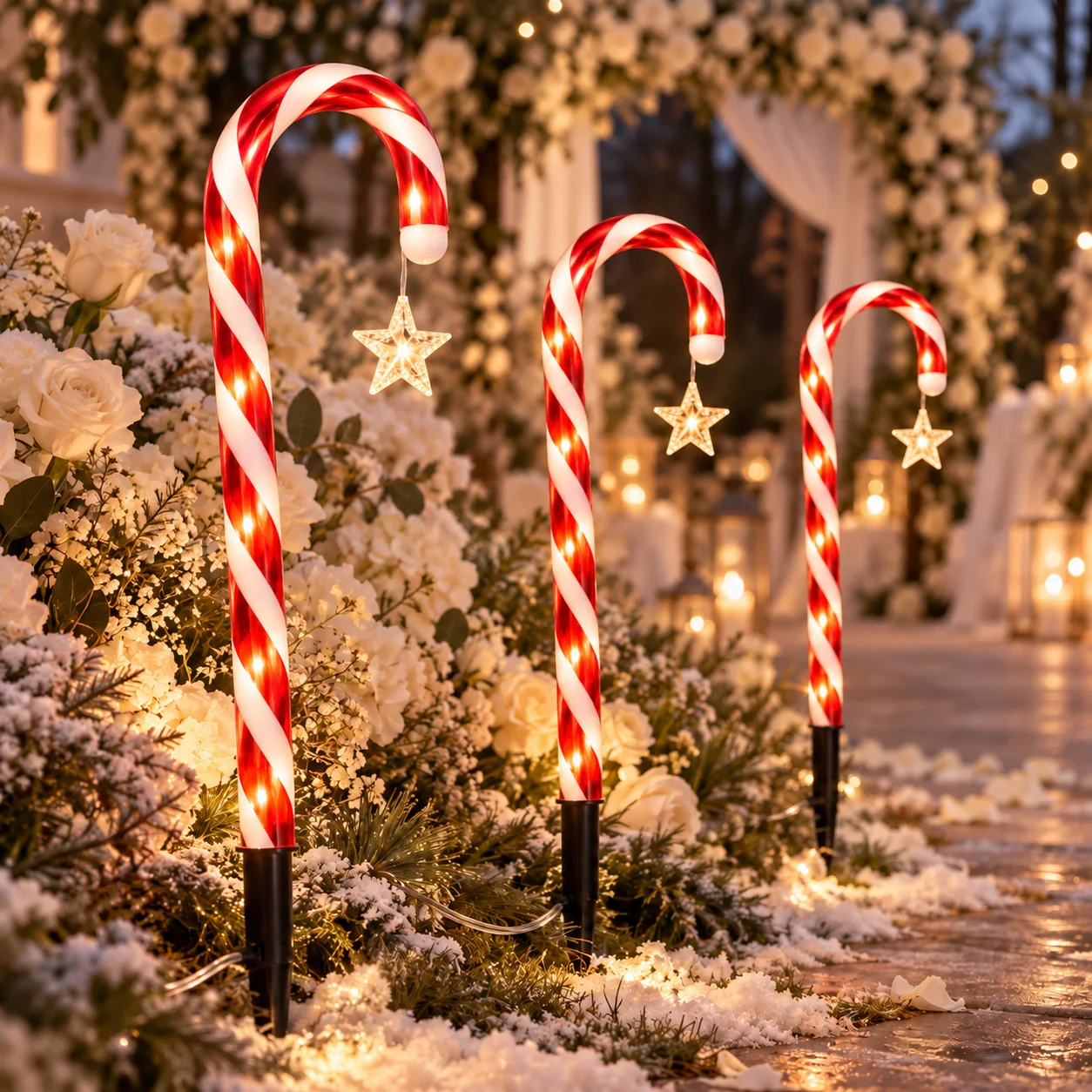 Solar Candy Cane Pathway Lights, Red White Striped Christmas Stake Lights with Star Pendant, Outdoor Garden Lawn Holiday Decor