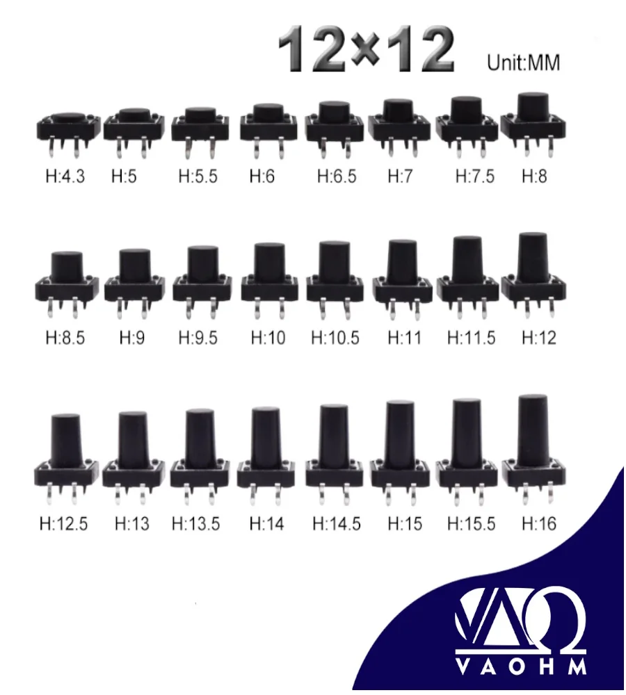 100pcs  12×12 mm Tactile Push Button Switch 4‑Pin DIP Through‑Hole PCB Mount Assorted Heights
