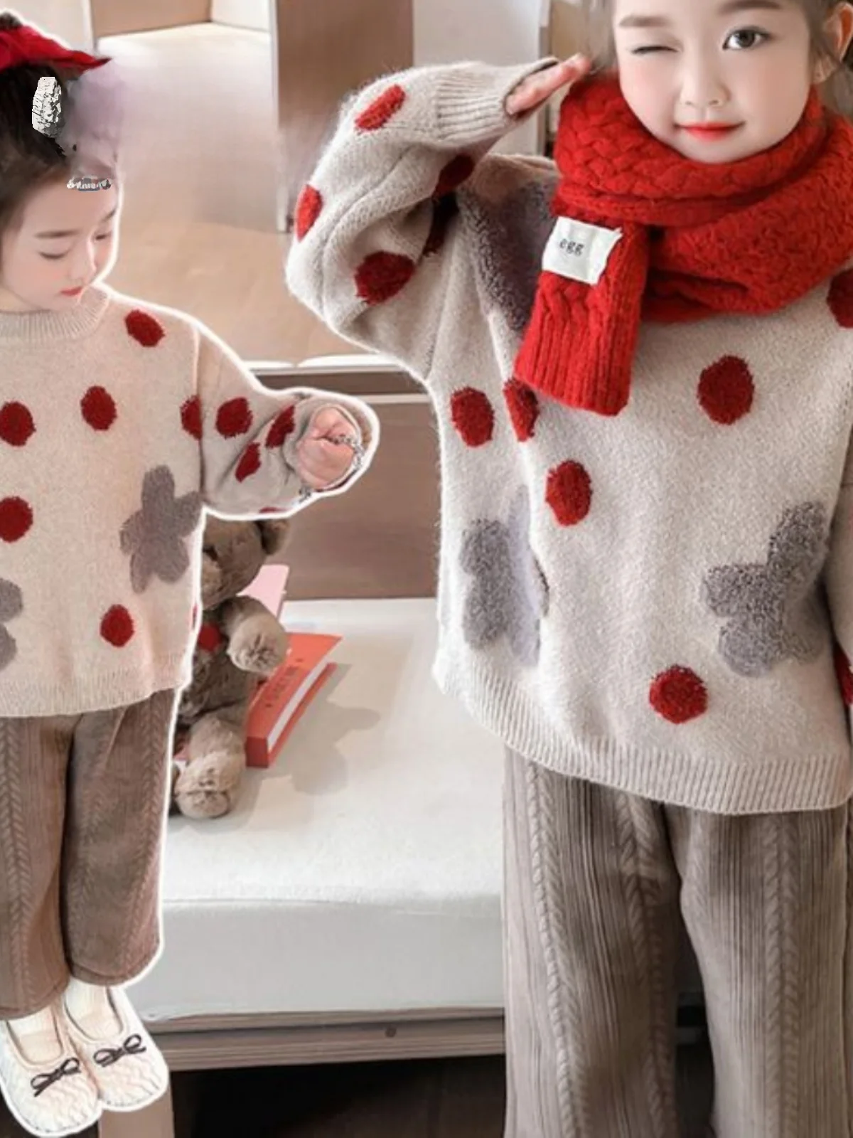 

Thiened Fce Вязаный свитер в горошек для девочек, милый базовый слой, детский осенне-зимний новый шелковый свитер Sle Long Sve...