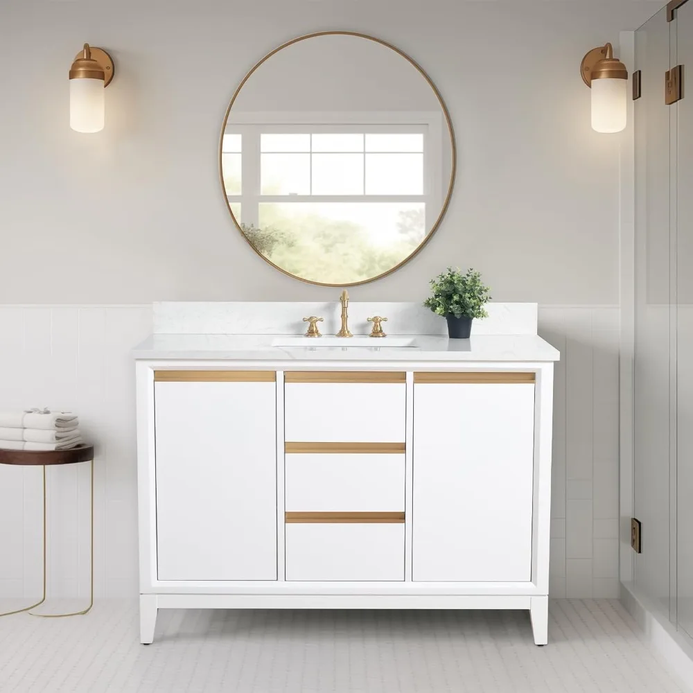 

48 inch Bathroom Vanity with Sink & Ceramic Top, Vanity Cabinet with with Soft-Closing Doors, Drawers, Solid Wood Frame