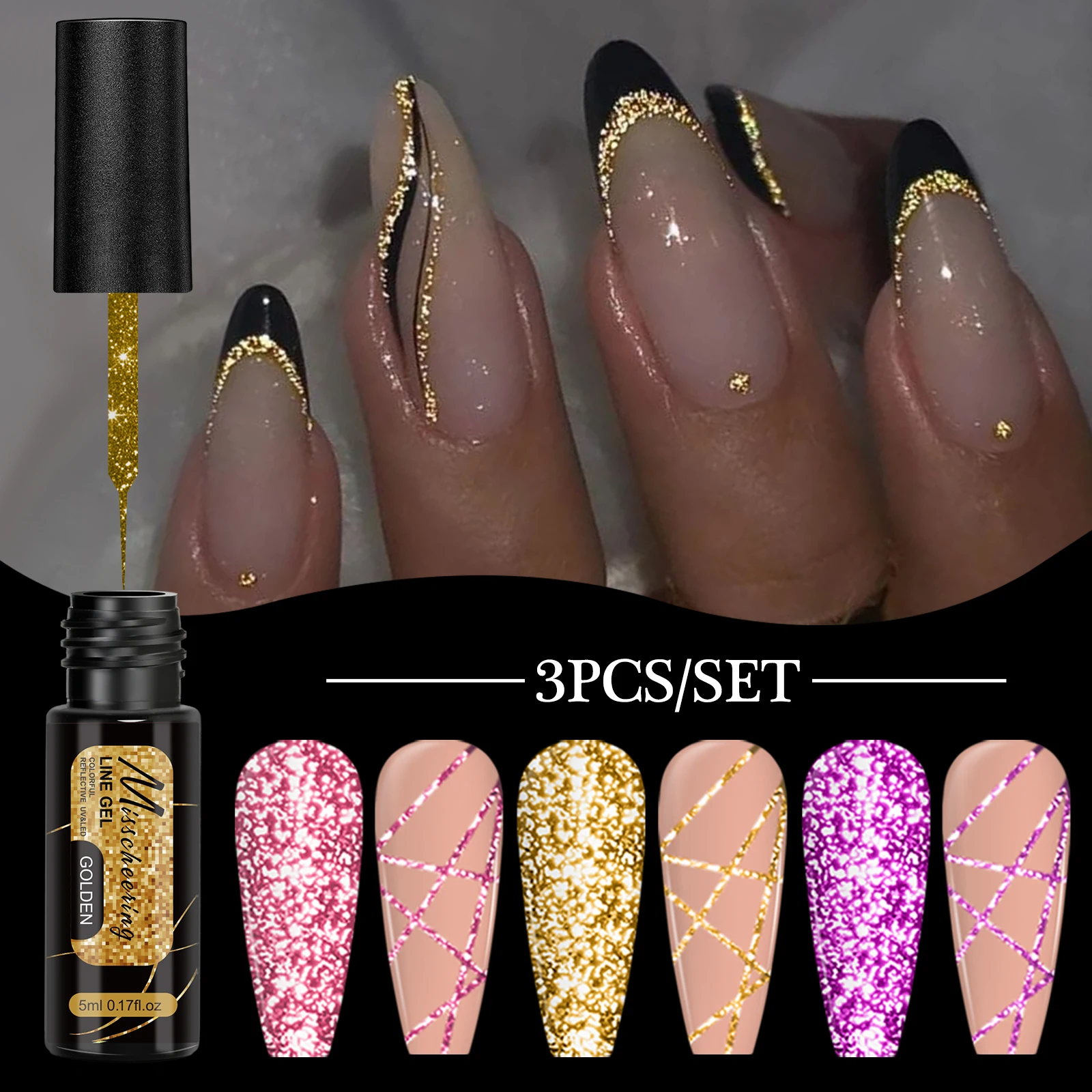 3pcs Fluorescent Line Gel Nail Polish Super Shiny Glitter Ultra Thin Line Painting Nail Art Graffiti Stripe Nail Art Gel Varnish