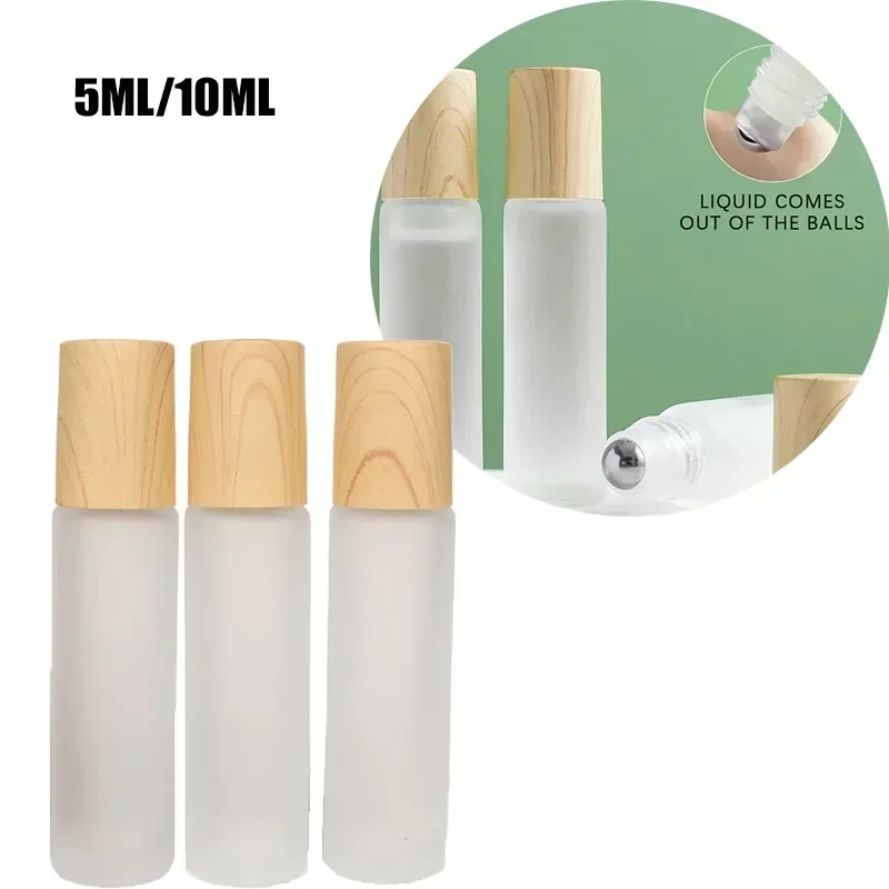 5/10ml Frosted Glass Roller Bottle Wood Grain Plastic Cap for Essential Oils Roll-On Refillable Perfume Bottle Roller Ball Empty