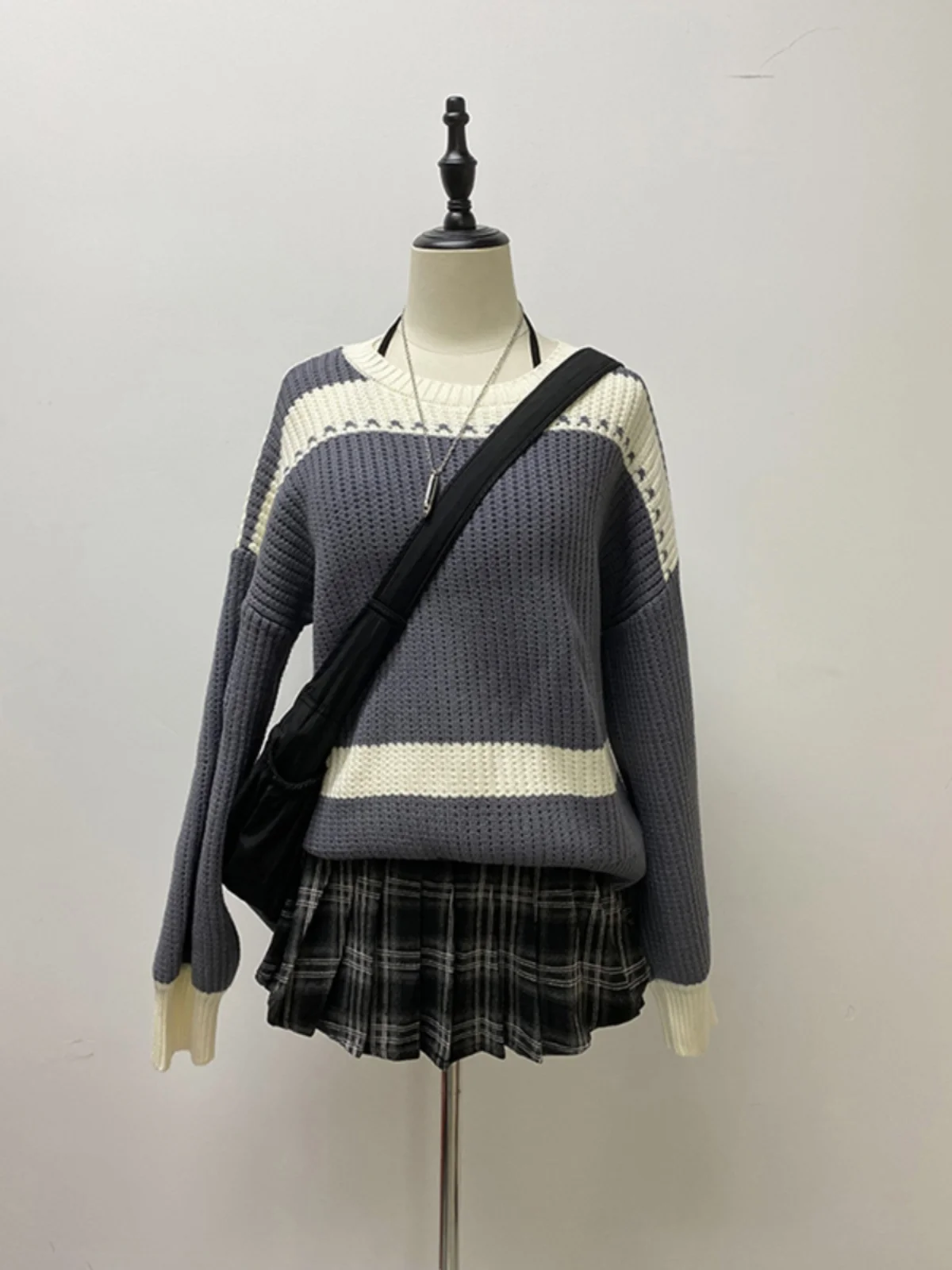 

BaoYao Girl American Retro Color Blo круглый вязаный свитер женский осенне-зимний ленивый топ уличный свободный крой длинный ...