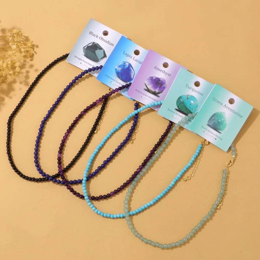 Natural 4mm Round Stone Beads Necklaces for Women Female Spiritual Necklace with Card Healing Energy Necklace Handmade Jewelry