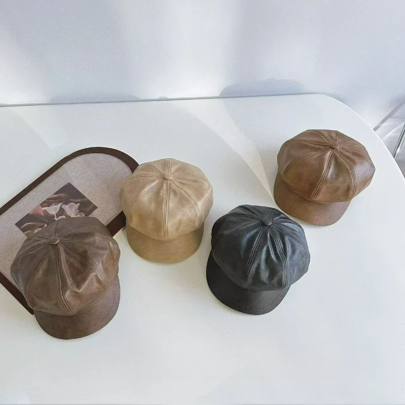 

Восьмиугольная шляпа из искусственной кожи в корейском стиле, модный осенне-зимний берет художника в стиле ретро, художественная защита от солнца, дышащая