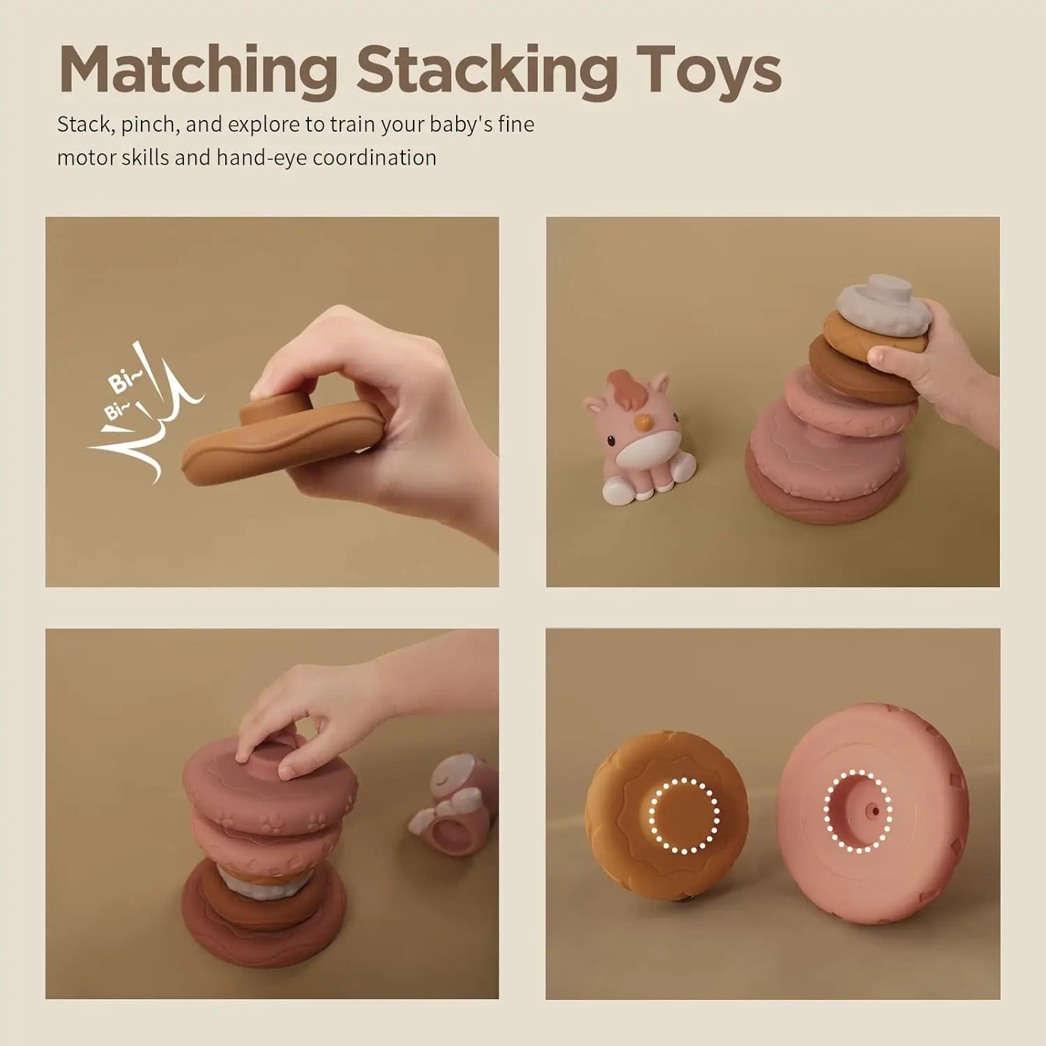 7 Pcs Stacking & Nesting Baby Toys, Squeeze Teething Toys and Building Circle with Pink Horse Figure, Newborn Essentials for 6 1