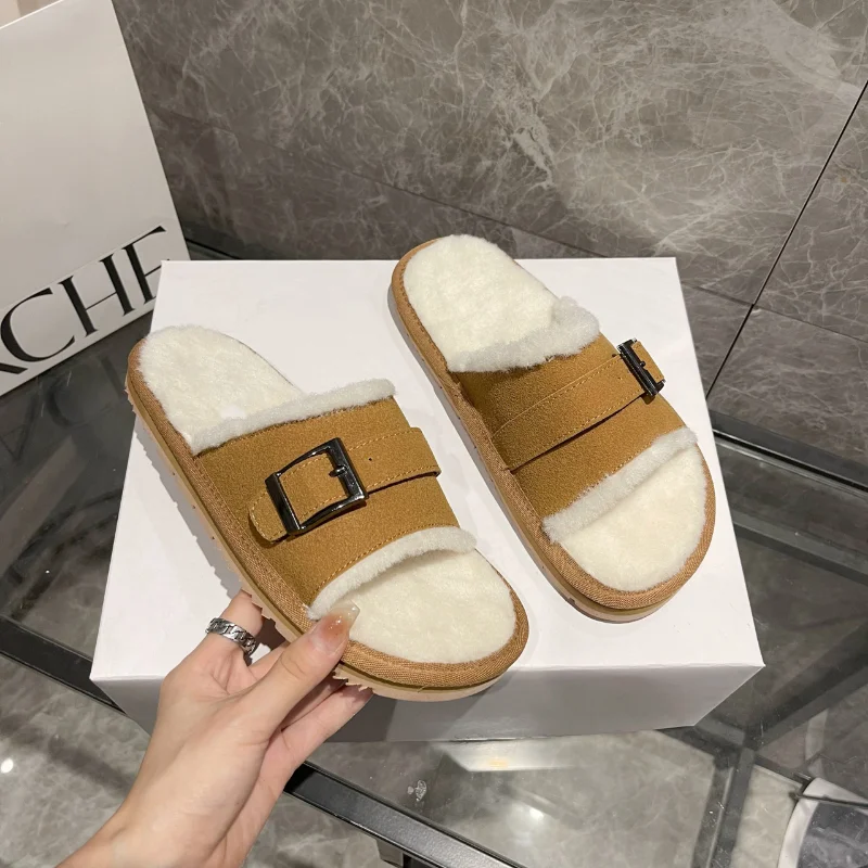 Cowhide Leather Plush Slippers For Women Metal Buckle Retro Style Flat With Winter Sandals 2022 Casual Outdoor Slippers