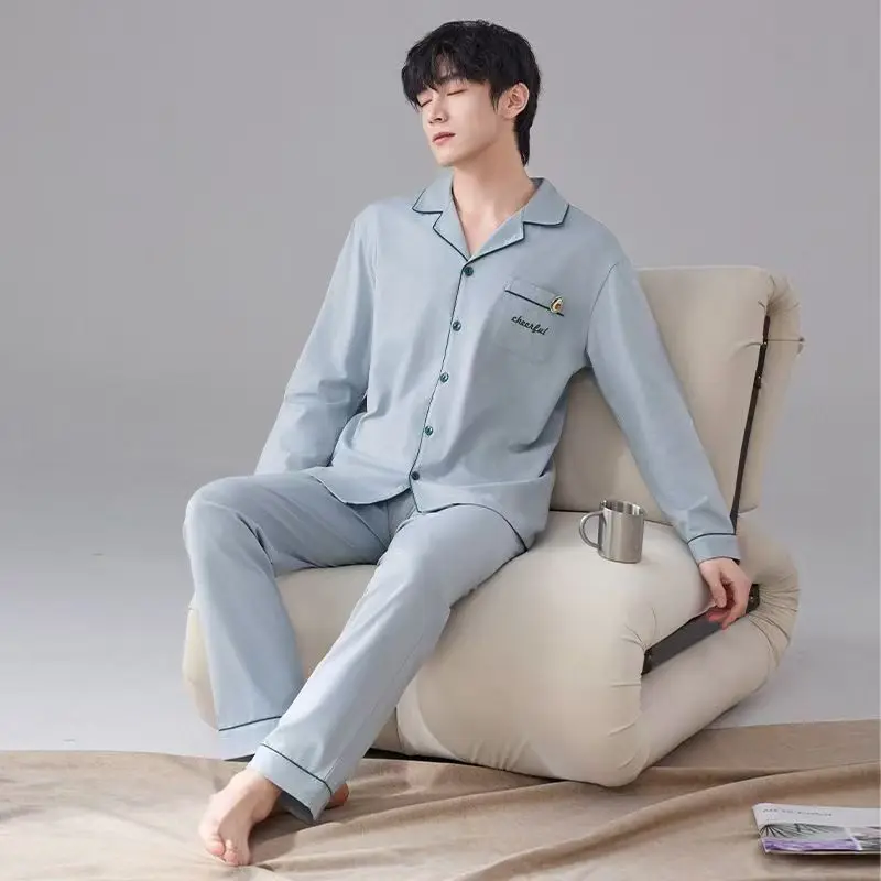 

2025 Men's Long-Sleeved New Spring and Autumn Adult Men's Pajamas, Oversized Cardigan, High-Value Loungewear Set