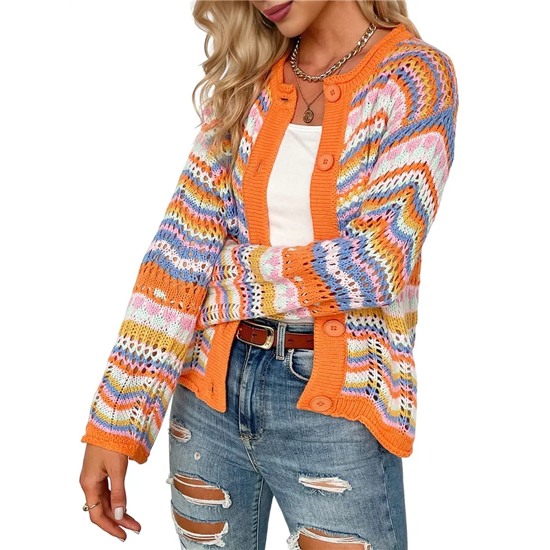 2025 Trend Women's Multicolored Striped Crochet Knit Cardigan Crew Neck Flared Sleeve Button Y2K Sweater Coat