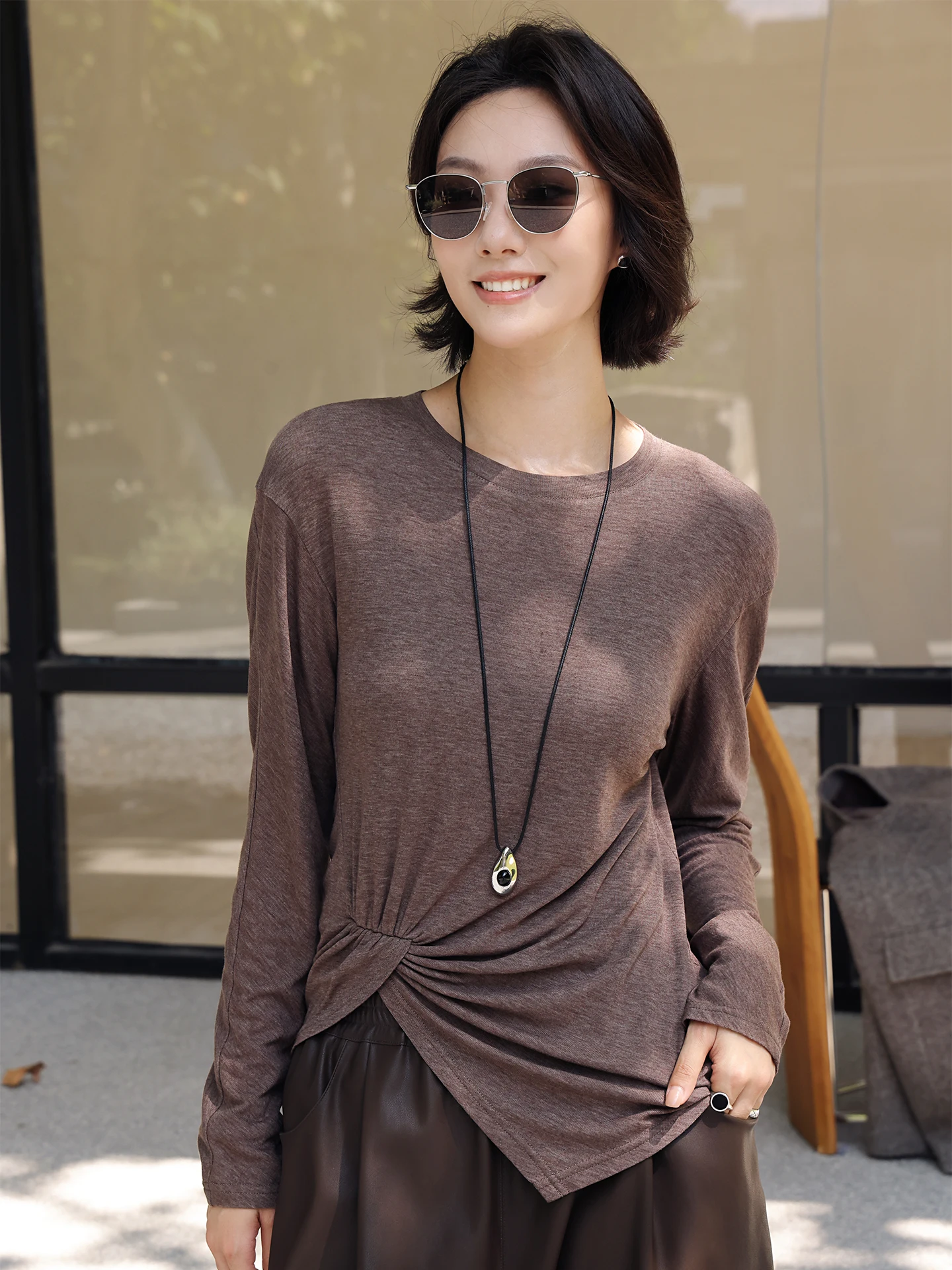 

Вязаная женская футболка с длинным рукавом и круглым вырезом, повседневная, с узором «косичка», из шелковой смеси, легкий топ