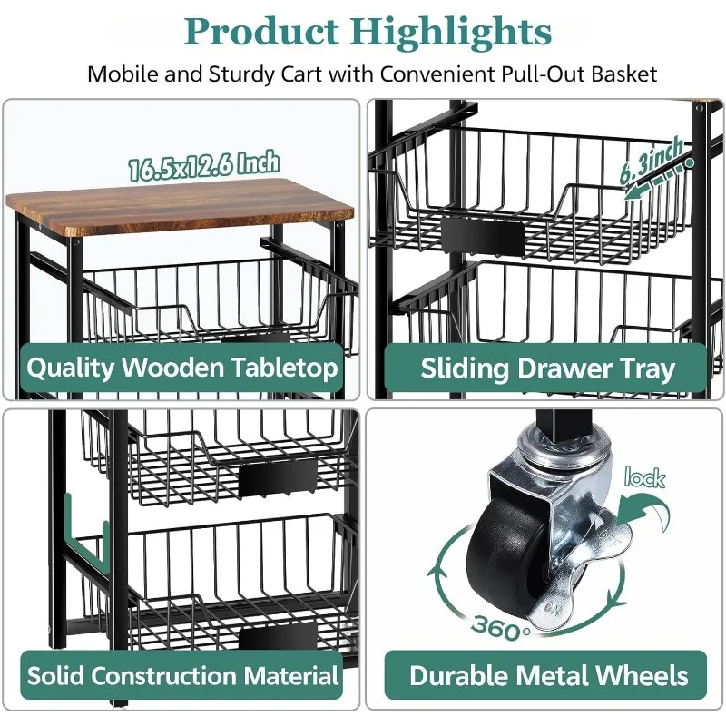 5-Tier Kitchen Storage Rolling Cart on Wheels with Pull-Out Baskets and Wood Top for Kitchen Diningroom Pantry