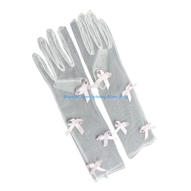

E56A Sheer Gloves for Women Formal Occasion Gloves Ceremonial Wrist Length Bows Gloves Evening Party Wedding Bride Gloves