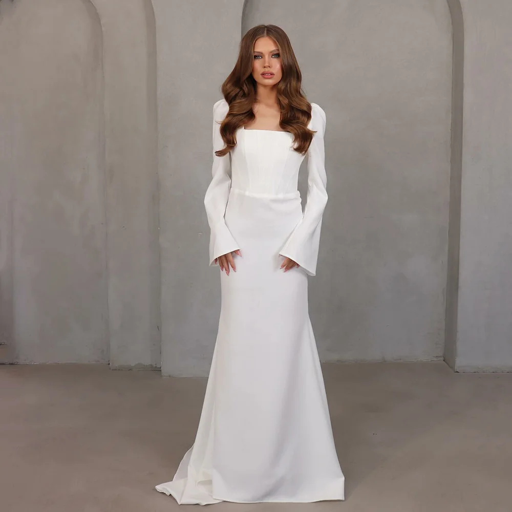 

2025 Crepe Bridal Dress Long Sleeve Modest Women Wedding Gown Square Neck Simple Mermaid Formal Bridal Wedding Dress Customized