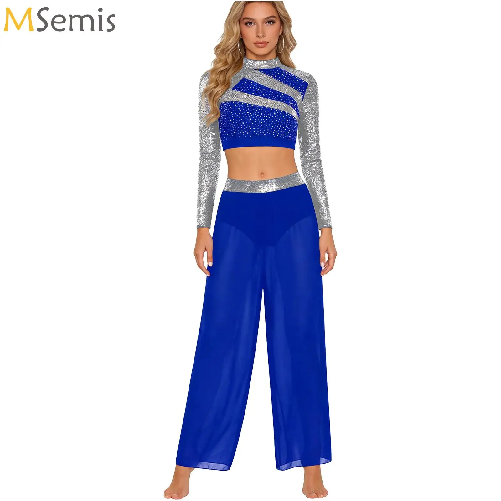 

Women Two-Piece Lyrical Dance Outfit Long Sleeve Cutout Back Sequins Rhinestones Crop Top with Side Split Sheer Chiffon Pants