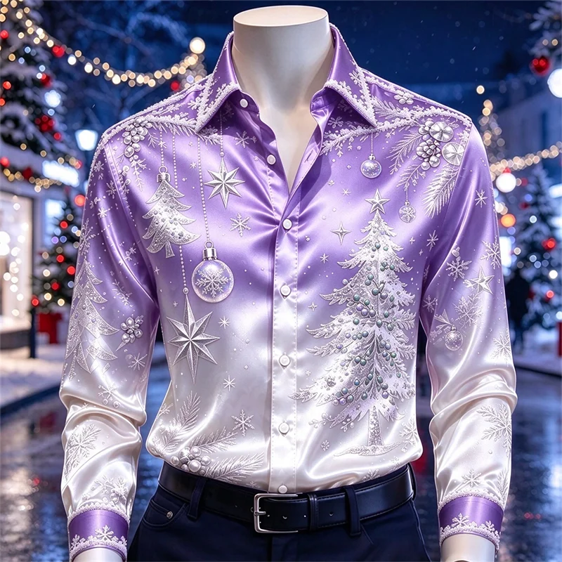 New men's shirt black silver Christmas tree snowflake hanging bead imitation pearl border print slim Christmas shirt