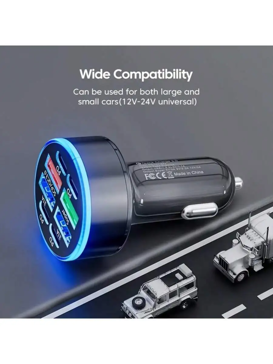 

8-Port Universal Car Charger: 4 USB 3.1A + 4 PD Ports, QC3.0 Fast Charge, Blue LED Ring, 12V–24V Compatible For All Smartphones