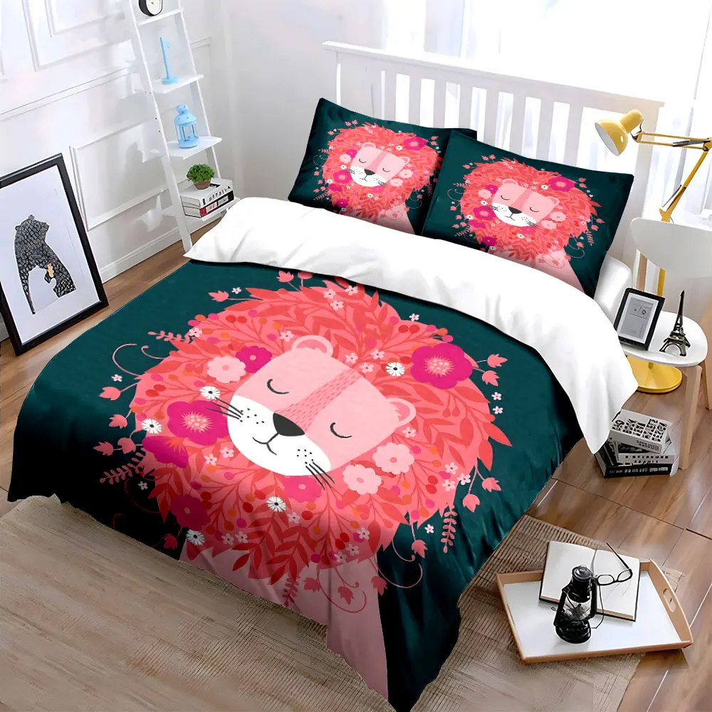 Pink Floral Mane Sleeping Lion Duvet Cover Set, Dark Teal Boho Animal Bedding Includes 1 Duvet Cover And 2 Pillowcase, Gift
