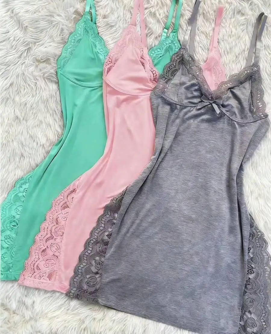 

3-Piece Lace Trim Solid Color Side Split Slip Dress With Bow Thin Straps Women Loungewear
