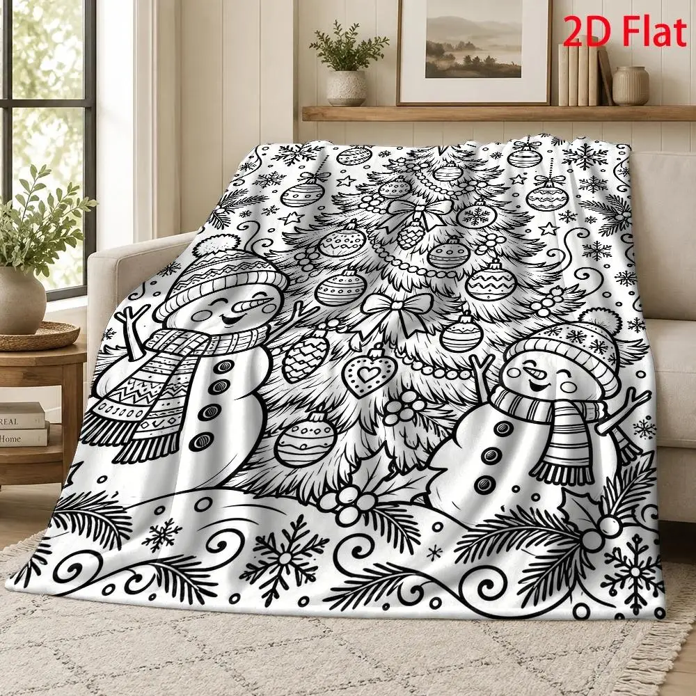1pc 2D Flat Christmas Tree Decor Throw Blanket, Black White Snowman Line Art Blanket, Festive Home Decor