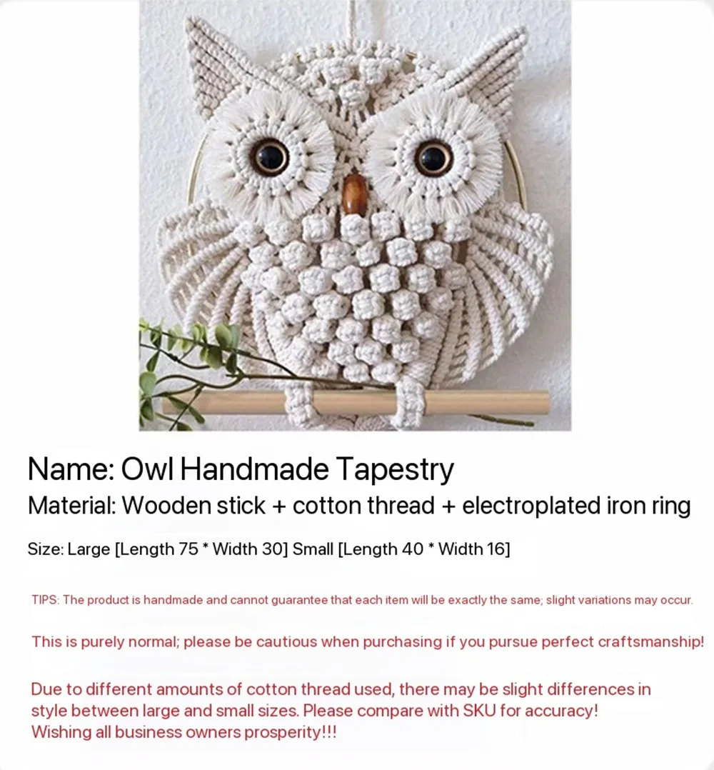 White Lifelike Owl Wall Decoration Tapestry, Nordic Bohemian Handmade Cotton Rope Woven Wall Decoration, Holiday Gift.