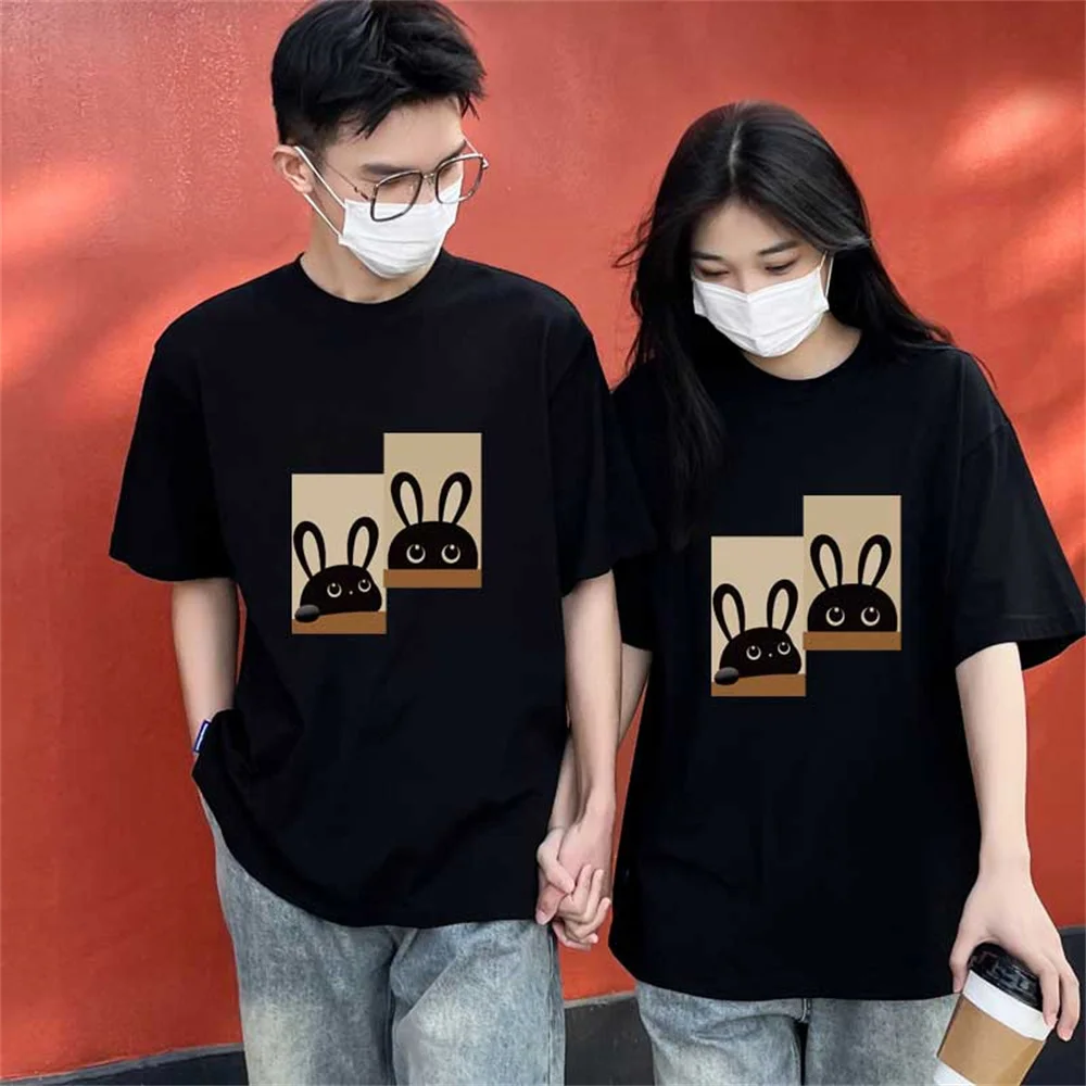 100% Cotton Summer Fashion Men Women Unisex Tshirt Korean Casual Loose Kawaii Double Muppet Rabbit Print Short Sleeve Tee