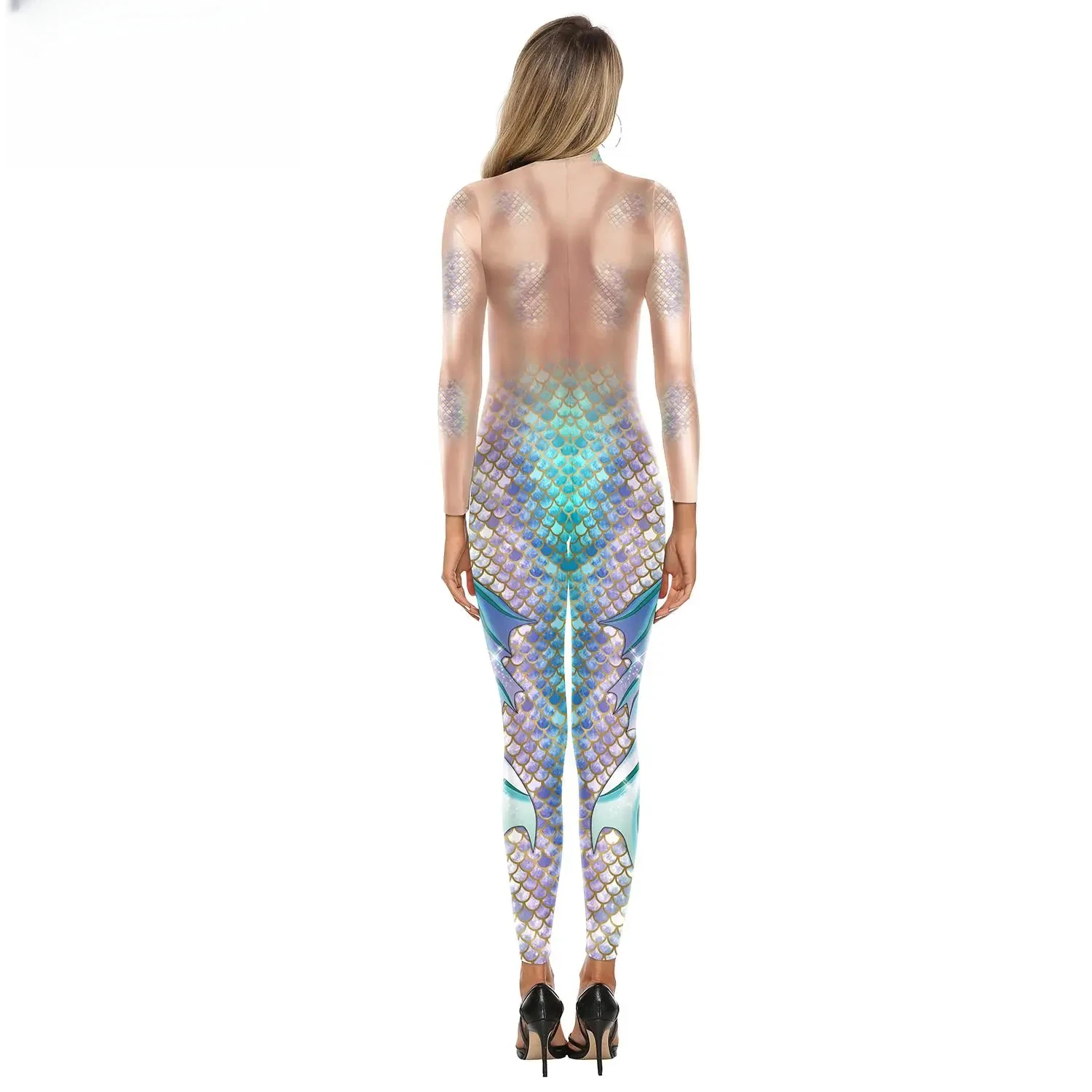 Женский красочный комбинезон русалки на Хэллоуин, карнавальный костюм, боди с рисунком рыбьей чешуи, сверкающий комбинезон, вечерние наряды из фильма