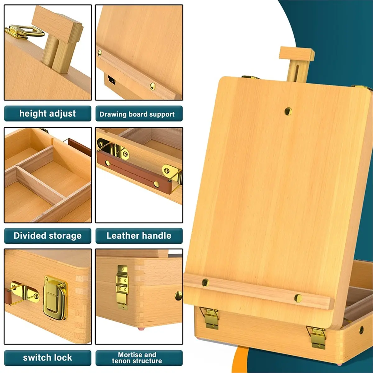 (A26M) Chevalet de table en bois avec tiroirs pour artistes, design portable et pliable pour la peinture et le dessin