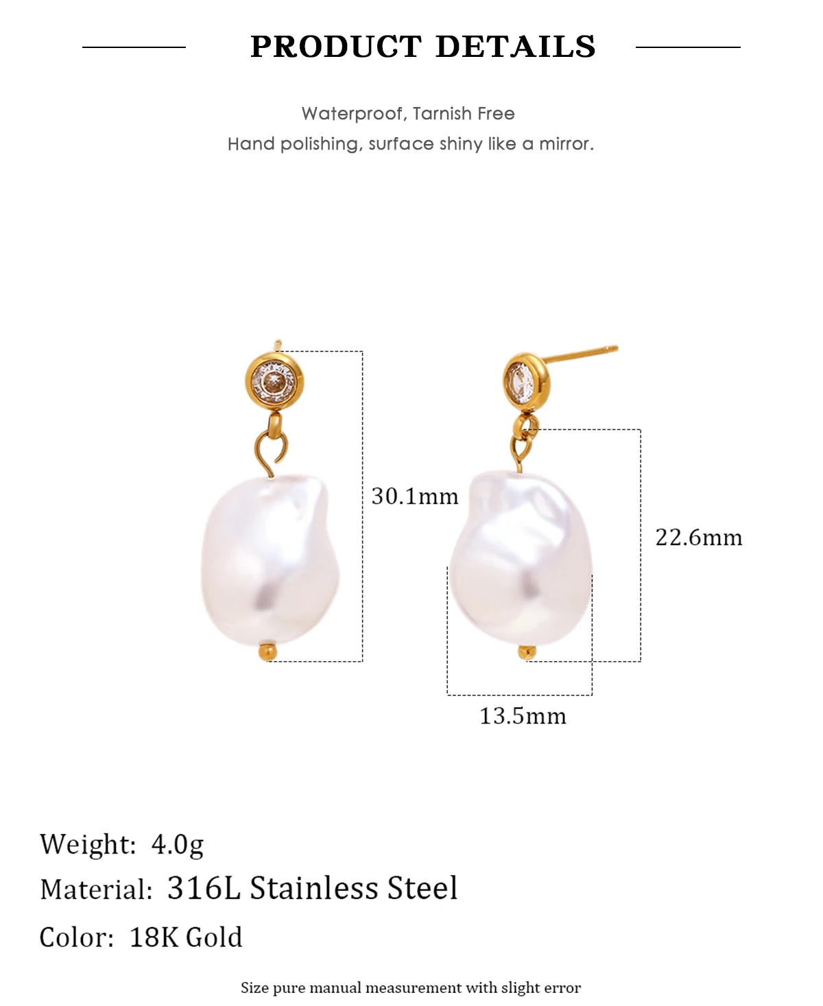 E.B.belle Elegante unregelmäßige Perlen-Ohrstecker, 18 Karat vergoldete Edelstahl-Ohrringe für Damen, minimalistischer zarter Schmuck – Detail 3