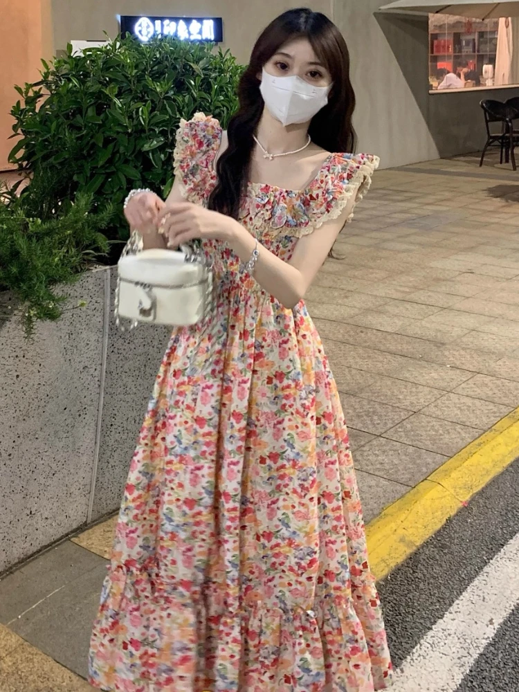 Floral Dress Women Vintage Aesthetic Flying Sleeve Bodycone A-line Harajuku Vacation Temper High Waist Vestidos Designer Leisure