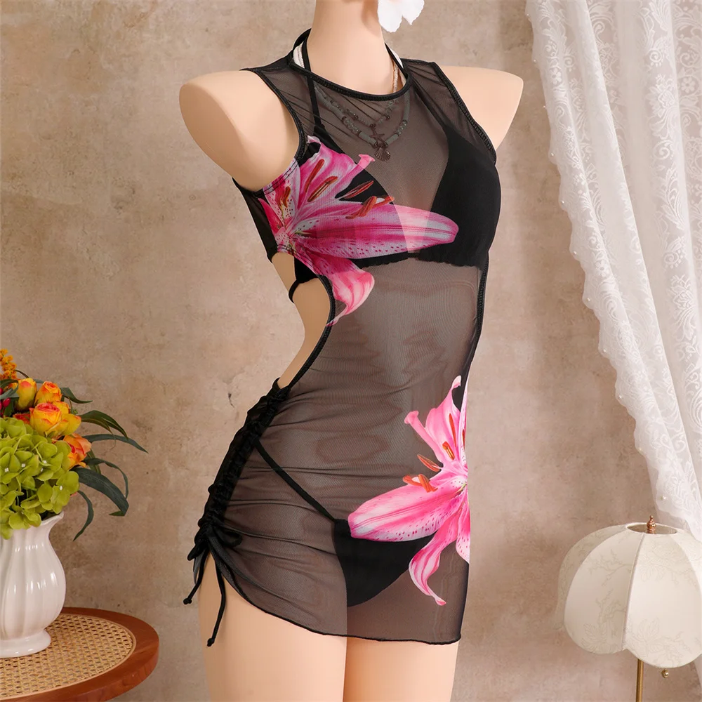 

Black Lace Sheer Bikini Hollow Out Floral Swimsuit Women 3 Piece Micro String Triangle Vacation Swimwear Beach Outfit Dress Sets