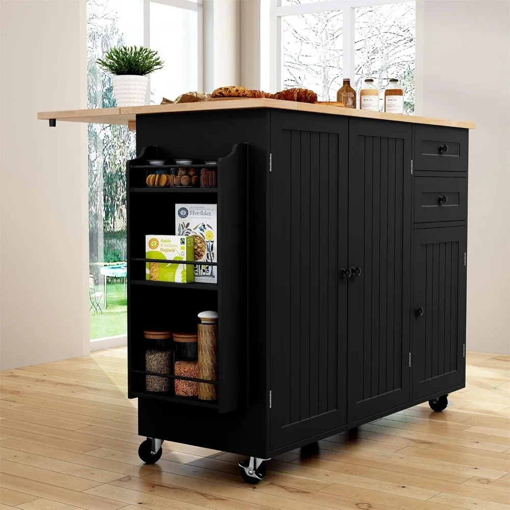 with Storage, Rolling Kitchen Island on Wheels with Drop-Leaf Bar Countertop, Table for with Side Open Spice Rack and Tower Rack