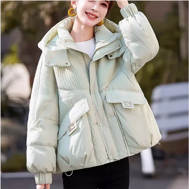 Short Hooded Puffer Jacket Women Splice Design Buckle Pocket Elastic Loose Thick Warm Casual Hood Winter Outerwear Coat