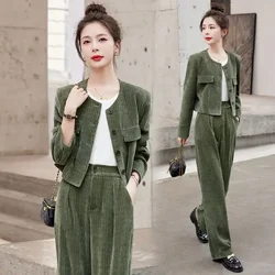 Lnsozkdg Autumn Corduroy Sets Cardigan Coats + Wide Leg Pants 2Pcs Suit Solid Ladies Elegant Outfits Female Fashion Streetwear