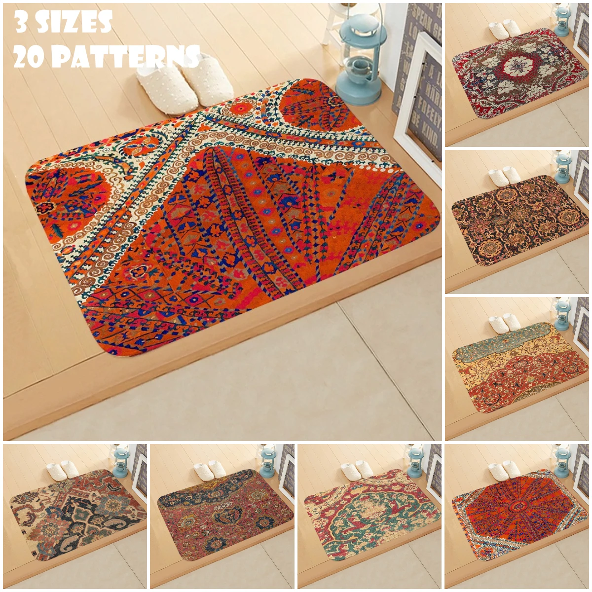 Vintage Ethnic Persian Carpet Print Floor Mat Non Slip Washable Flannel Absorbent Bath Mat Small Rubber Backed Door Entryway Mat