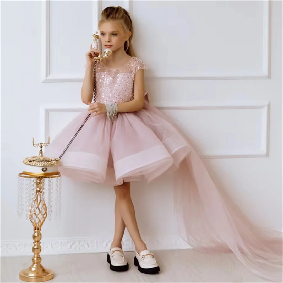 Customized Flower Girl Dress Pink Sequin With Bow And Trailing Sleeveless For Wedding Prom Birthday Party Banquet Princess Gowns