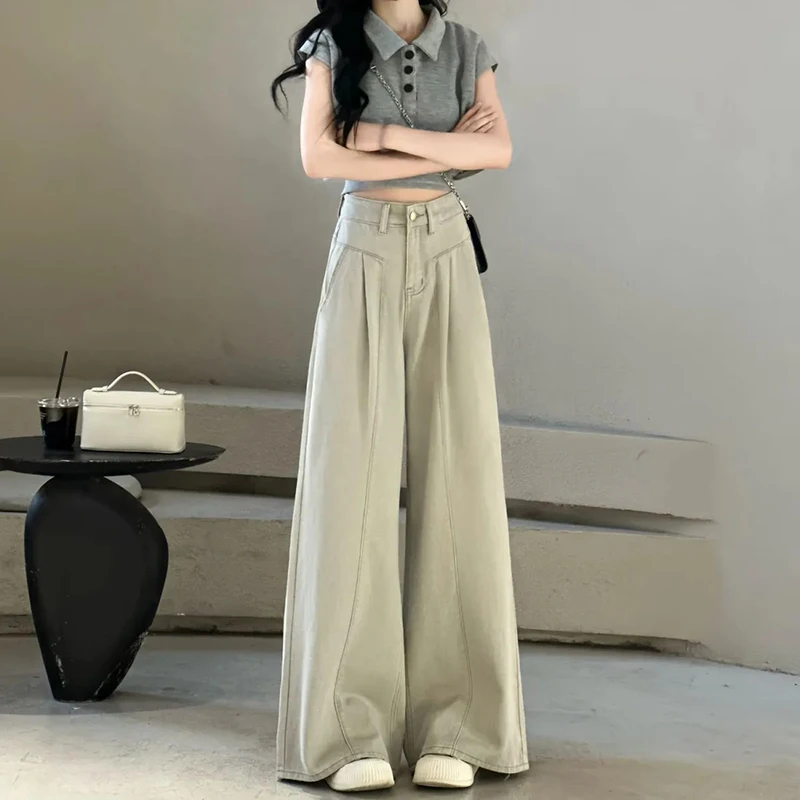 

Женские винтажные однотонные джинсы, летние повседневные свободные джинсовые брюки с высокой талией и широкими штанинами, простые корейские офисные женские прямые брюки в стиле ретро