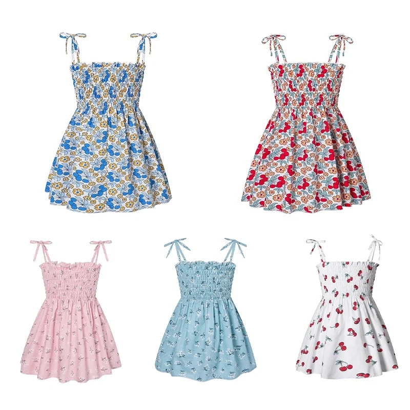 Kids Girls Dresses Sleeveless Sundress Flower Print Summer Beach Strap Princess Dress Cotton Thin Children Baby Skirt Clothes