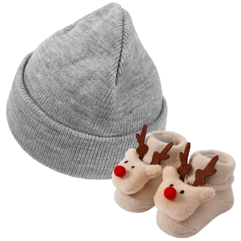 

Winter Kids Baby Hats for Girl Boy Newborn Beanie Cute Elk Socks Set Infant Candy Color Warm Knitted Children Hat Christmas Gift