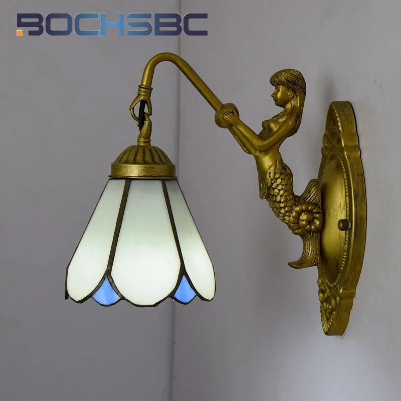 

BOCHSBC Tiffany style stained glass blue petal modeling Mediterranean wall lamp dining room bedroom bed corridor LED decor