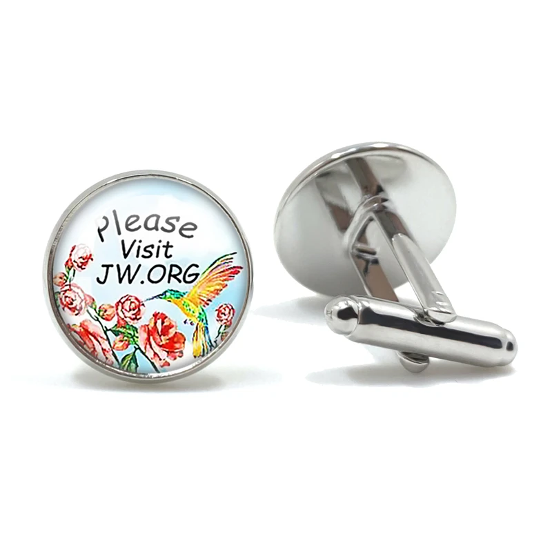 Please Visit JW.ORG Jehovah's Witnesses Cufflinks Floral Bird Glass Cabochon Cuff Button Gift For Friends