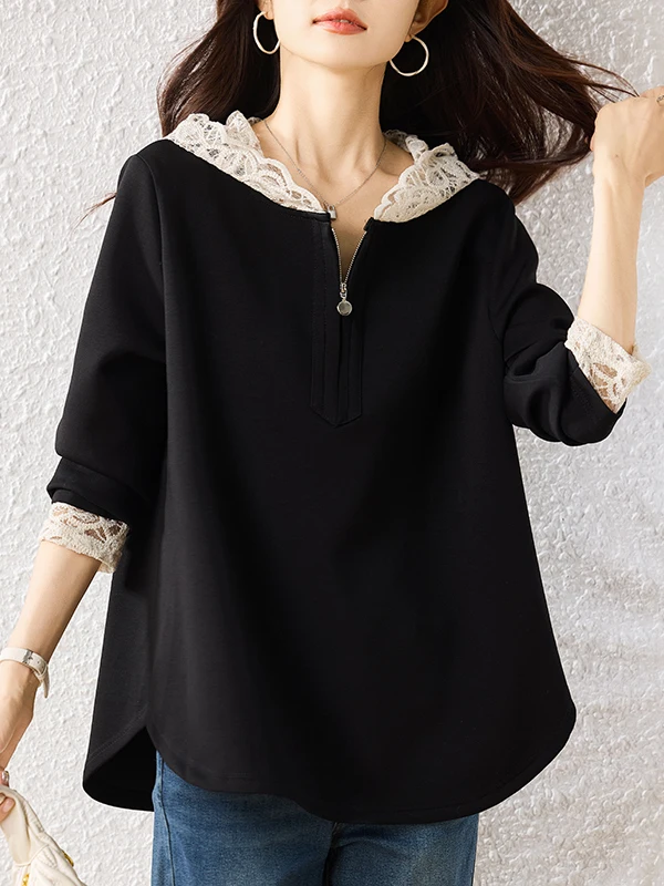 

Свободная толстовка с кружевными вставками для женщин, модная, с длинным рукавом, осенняя коллекция 2025, повседневная, удобная, дышащая, в уличном стиле