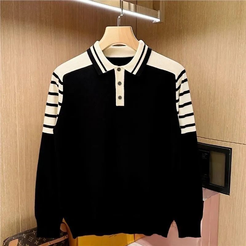 

Осенне-зимний пуловер, универсальная повседневная мужская рубашка-поло контрастного цвета в полоску со сращенными лацканами, топ