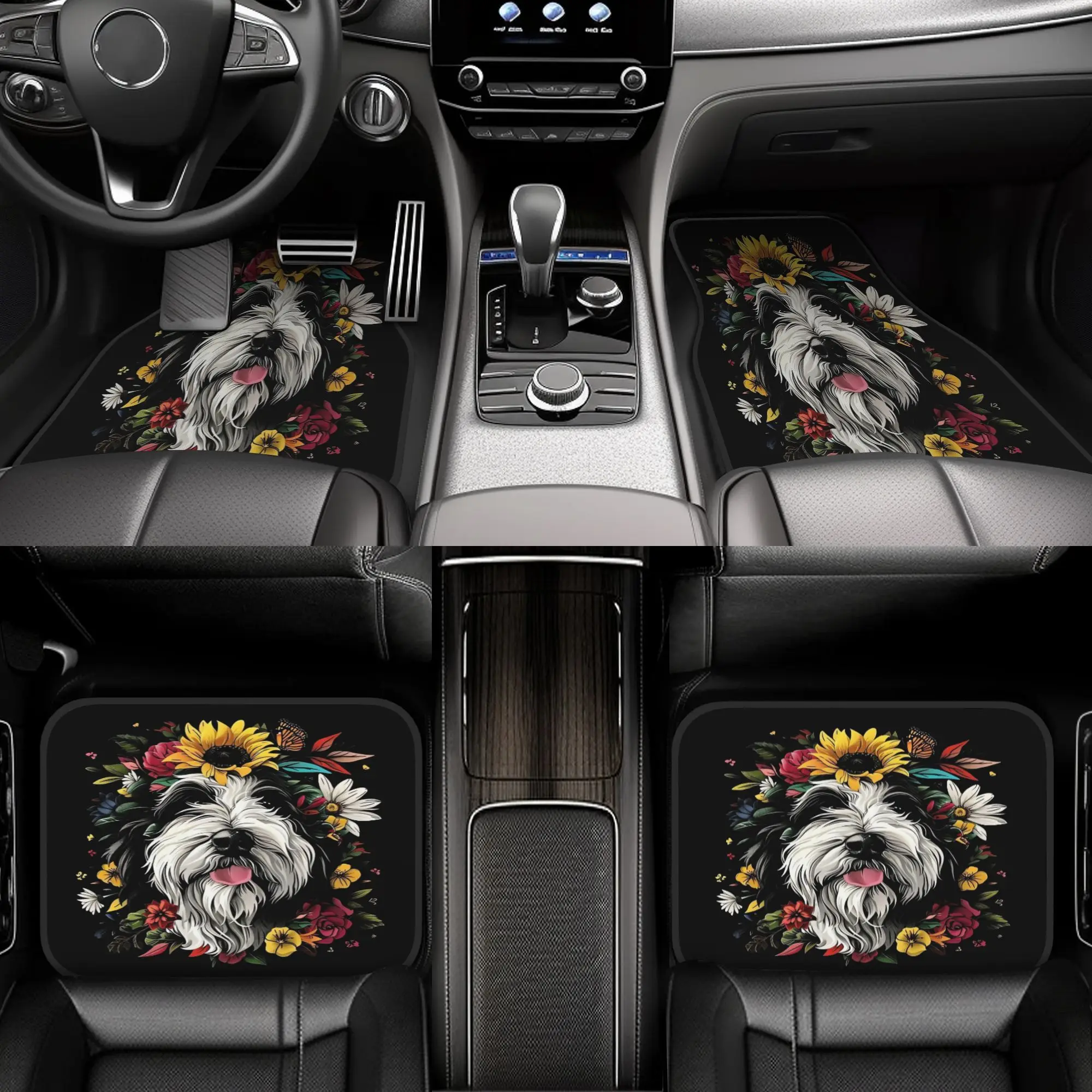 4pcs Funny Bearded Collie Flowers Floral Car Floor Mats - Durable Polyester Fiber, Fit For Cars, Playful Design With Vibrant Col
